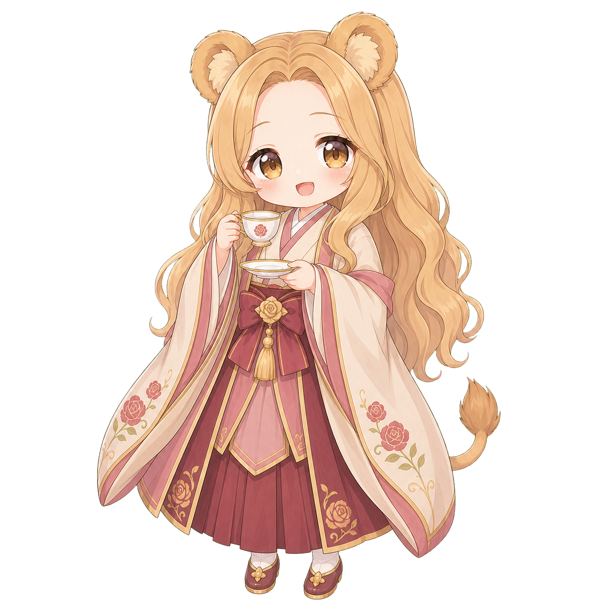 お茶のカップと受け皿を持つ、ライオン耳の姫のSD立ち絵
