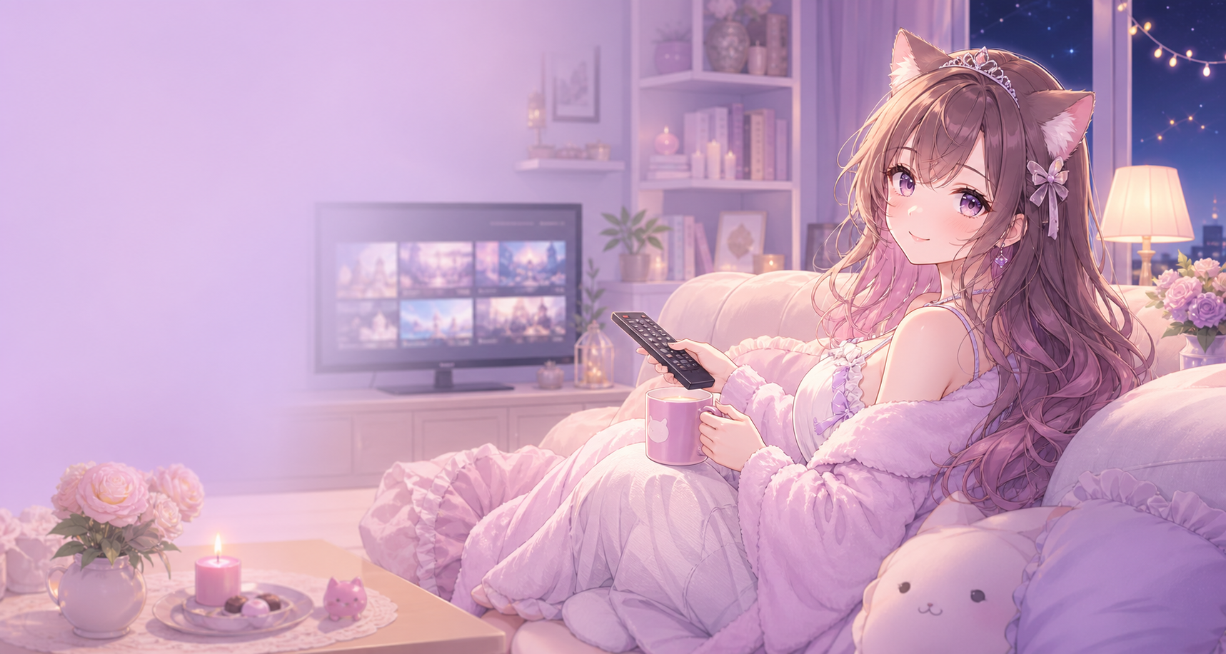 ねこみみ姫感のあるかわいい女性が、ラベンダーピンクの部屋でおうち時間を楽しむイラスト